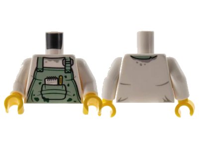 LEGO onderdeel Torso Sand Green Apron, Dark Green Splotches, Pen and Pad in Pocket Pattern / White Arms / Yellow Hands (973pb3709c01)