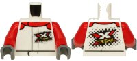 LEGO part Torso Jacket with Red Collar, White and Yellow 'XTREME' Logo Pattern on Front and Back / Red Arms / Dark Bluish Gray Hands 973pb3759c01