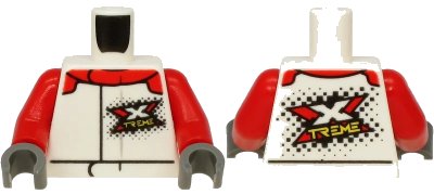 LEGO onderdeel Torso Jacket with Red Collar, White and Yellow 'XTREME' Logo Pattern on Front and Back / Red Arms / Dark Bluish Gray Hands (973pb3759c01)
