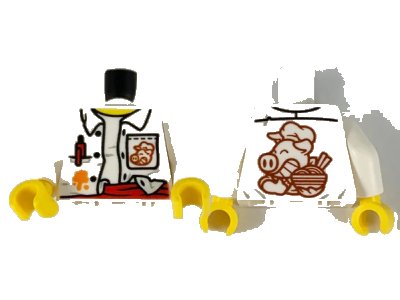 LEGO onderdeel Torso Unbuttoned Shirt, Red Pen and Sash, Orange Splotch, Pigsy Logo on Pocket and Back Pattern / White Arms / Yellow Hands (973pb3893c01)