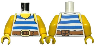 LEGO onderdeel Torso Pirate Tank Top with Blue Horizontal Stripes, Dark Orange Belt with Gold Buckle, Yellow Neck and Shoulders Pattern / Yellow Arms / Yellow Hands (973pb3974c01)