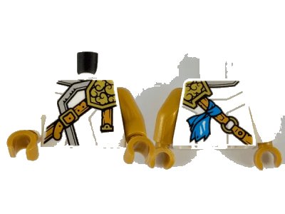 LEGO onderdeel Torso Ninjago Robe with Light Bluish Gray Hem, Gold Left Pauldron and Nougat Crossbelt Pattern / Pearl Gold Arm Left / White Arm Right / Pearl Gold Hands (973pb3987c01)