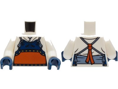 LEGO onderdeel Torso Robe with Dark Blue and Dark Orange Bogu Armor, Sand Blue Straps and Belt Pattern / White Arms / Dark Blue Hands (973pb4115c01)