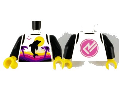 LEGO onderdeel Torso Female Wetsuit with Yellow Sun, Black Dolphin, Dark Purple Palm Trees, Dark Pink Logo on Back Pattern / Black Arms / Yellow Hands (973pb4133c01)