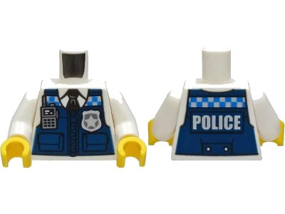 LEGO onderdeel Torso Dark Blue Vest over Shirt and Black Tie, Blue and Silver Checkered Stripe, Radio, Badge and 'POLICE' Pattern / White Arms / Yellow Hands (973pb4195c01)