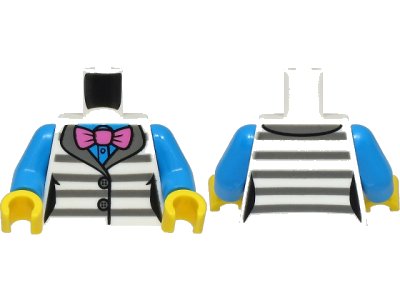 LEGO part Torso Female Jacket with Dark Bluish Gray Prison Stripes over Dark Azure Shirt, Dark Pink Bow Tie Pattern / Dark Azure Arms / Yellow Hands (973pb4570c01)