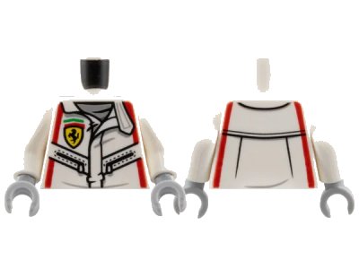 LEGO onderdeel Torso Racing Suit with Ferrari Logo, Black Zippers, Red Stripes Pattern / White Arms / Light Bluish Gray Hands (973pb4664c01)