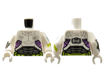LEGO onderdeel Torso Armor, Light Bluish Gray Star Command Logo, Medium Lavender and Lime Trim Pattern / White Arms with Badge, Cuff Weapon, Lime Stripe Pattern / White Hands (973pb4687c02)