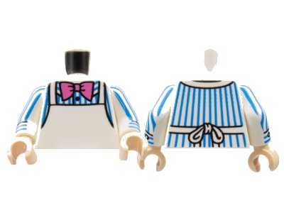 LEGO onderdeel Torso Shirt with Blue Pinstripes, Dark Pink Bow Tie, White Apron Pattern / White Arms with Blue Pen Stripes, Cuff Pattern / Light Nougat Hands (973pb4695c01)