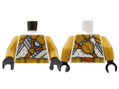 LEGO onderdeel Torso Tunic with Light Bluish Gray Trim, Gold Shoulder Pads and Belt, Dark Orange Strap Pattern / Pearl Gold Arms / Black Hands (973pb4748c01)