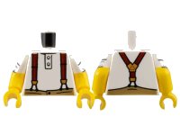 LEGO part Torso Shirt with 2 Buttons, Dark Red Suspenders with Gold Clasps, Dark Tan Pants Pattern / Yellow Arms with White Short Sleeves, Rolled Pattern / Yellow Hands 973pb4978c01