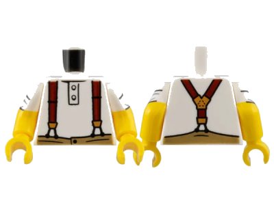 LEGO onderdeel Torso Shirt with 2 Buttons, Dark Red Suspenders with Gold Clasps, Dark Tan Pants Pattern / Yellow Arms with White Short Sleeves, Rolled Pattern / Yellow Hands (973pb4978c01)