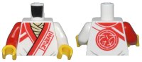 LEGO part Torso Robe with Red Trim, Lines, and Ninjago Logogram 'DOJO' over Tan Shirt, Core Logo on Back Pattern / White Arm Left / Red Arm Right / Yellow Hands 973pb5051c01