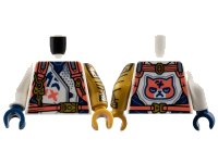 LEGO onderdeel Torso Racing Jacket with Dark Blue Panels, Coral Harness Straps with Gold Buckles, Zipper, and Key on Keychain, Grumpy Cat Face on Back Pattern / Pearl Gold Arm Left with Armor Pattern / White Arm Right / Pearl Gold Hand Left / Dark Blue Hand Right 973pb5226c01