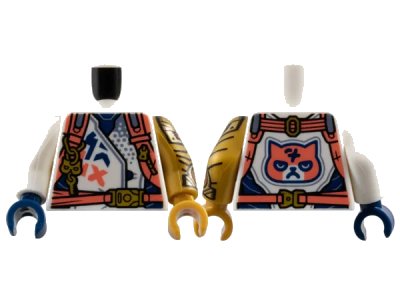 LEGO onderdeel Torso Racing Jacket with Dark Blue Panels, Coral Harness Straps with Gold Buckles, Zipper, and Key on Keychain, Grumpy Cat Face on Back Pattern / Pearl Gold Arm Left with Armor Pattern / White Arm Right / Pearl Gold Hand Left / Dark Blue Hand Right (973pb5226c01)