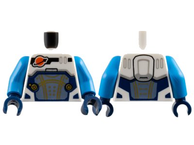 LEGO onderdeel Torso Reddish Orange and Black Classic Space Logo, Sand Blue Panel with Gold Lines, Dark Blue Trim Pattern / Dark Azure Arms / Dark Blue Hands (973pb5515c03)