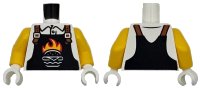 LEGO onderdeel Torso Black Overalls with Burger Outline, Red and Bright Light Orange Flames and Dark Orange Straps over Shirt Pattern / Yellow Arms / White Hands 973pb5520c01