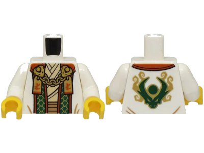 LEGO onderdeel Torso Robe with Dark Green and Dark Orange Trim, Tan Shirt, Gold Chain with Tags with Ninjago Logogram Letter L Pattern / White Arms / Yellow Hands (973pb5548c01)