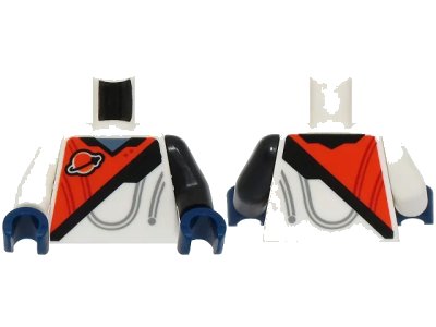LEGO onderdeel Torso Spacesuit Reddish Orange Panel, Classic Space Logo, Black Stripe, Sand Blue Collar Pattern (BAM) / Black Arm Left / White Arm Right / Dark Blue Hands (973pb5660c01)