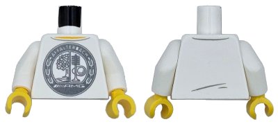 LEGO onderdeel Torso Racing Shirt with Dark Bluish Gray Circle with Apple Tree, Stream, Cam, Valve and Spring, 'AFFALTERBACH' and AMG Logo, Yellow Neck Pattern / White Arms / Yellow Hands (973pb5756c01)