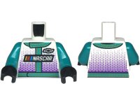 LEGO onderdeel Torso Racing Suit with 'NASCAR' and Black Chevrolet Logo, Dark Turquoise Trim with Bright Light Orange Stitching and Dark Purple Dots Pattern / Dark Turquoise Arms / Black Hands 973pb5775c01