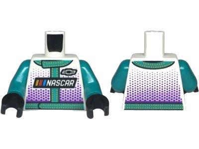 LEGO onderdeel Torso Racing Suit with 'NASCAR' and Black Chevrolet Logo, Dark Turquoise Trim with Bright Light Orange Stitching and Dark Purple Dots Pattern / Dark Turquoise Arms / Black Hands (973pb5775c01)