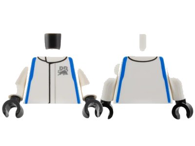 LEGO onderdeel Torso Racing Suit with Blue Sides and Racing Bulls Formula 1 Logo Silver 'RB' and Bull Pattern / White Arms / Black Hands (973pb6036c01)