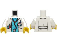 LEGO onderdeel Torso Hospital Lab Coat Open, Medium Azure Scrubs, Red and Silver Stethoscope, ID Badge, Otoscope and Pen in Pockets Pattern (BAM) / White Arms / Yellow Hands 973pb6090c01
