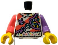 LEGO part Torso Female Shirt, Coral, Bright Light Blue, Medium Lavender, Dark Turquoise and Yellow Candies, Diagonal Stripes, Strap with Buckle Pattern (BAM) / Medium Lavender Arm Left / Coral Arm Right / Yellow Hands 973pb6180c01