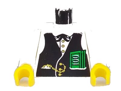 LEGO onderdeel Torso Western Black Vest, Gold Fob and $100 Bills Pattern (Banker) / White Arms / Yellow Hands (973px163c01)