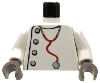 LEGO onderdeel Torso Studios Lab Coat, Silver Buttons, Stethoscope Pattern (Mad Scientist) / White Arms / Dark Gray Hands (973px166c01)