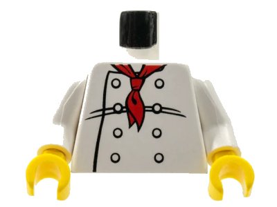 LEGO onderdeel Torso Chef with 8 Buttons, Long Red Neckerchief, Black Wrinkles Pattern / White Arms / Yellow Hands (973px4c01)