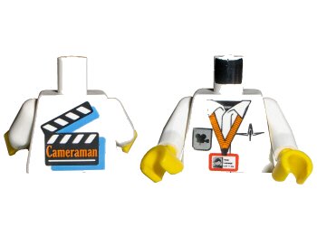 LEGO part Torso Studios Cameraman ID, Logo, Pen, Film Slate on Back Pattern / White Arms / Yellow Hands (973px64c01)