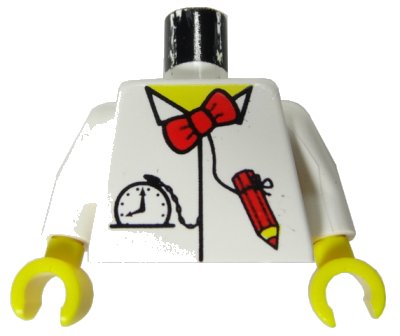 LEGO onderdeel Torso Time Cruisers Red Bow Tie, Pencil and Pocket Watch Pattern / White Arms / Yellow Hands (973px91c01)