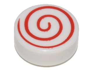 LEGO part Tile, Round 1 x 1 with Red Spiral Pattern (98138pb013)