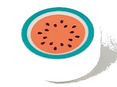LEGO part Tile, Round 1 x 1 with Coral Watermelon with Dark Turquoise Rind and Black Seeds Pattern (98138pb126)