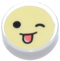 LEGO part Tile, Round 1 x 1 with Emoji, Bright Light Yellow Face, Black Eyes, Wink, and Coral Tongue Sticking Out Pattern 98138pb129