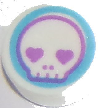 LEGO part Tile, Round 1 x 1 with Skull Face with Heart Eyes in Medium Azure Circle Pattern (98138pb132)