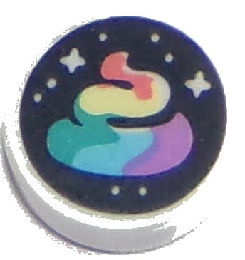 LEGO part Tile, Round 1 x 1 with Stars and Rainbow Swirl on Black Background Pattern (98138pb135)