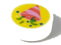 LEGO part Tile, Round 1 x 1 with Coral and Bright Pink Party Hat and Bright Green and Blue Confetti on Yellow Background Pattern 98138pb156