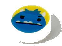 LEGO onderdeel Tile, Round 1 x 1 with Dark Azure Monster Head with Horns, Black Eyes and 4 White Underbite Teeth on Yellow Background Pattern 98138pb160
