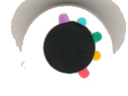LEGO onderdeel Tile, Round 1 x 1 with Black Circle Eye with Medium Lavender, Medium Azure, Dark Turquoise, Yellow, and Coral Eyelashes Pattern (98138pb202)