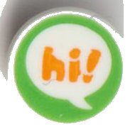 LEGO part Tile, Round 1 x 1 with Bright Light Orange 'hi!' in Speech Bubble on Bright Green Background Pattern (98138pb240)