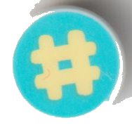 LEGO part Tile, Round 1 x 1 with Bright Light Yellow Number Sign / Hash / Pound Sign on Medium Azure Background Pattern (98138pb246)