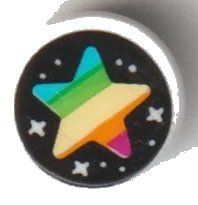 LEGO part Tile, Round 1 x 1 with Stars and Rainbow Star on Black Background Pattern 98138pb250