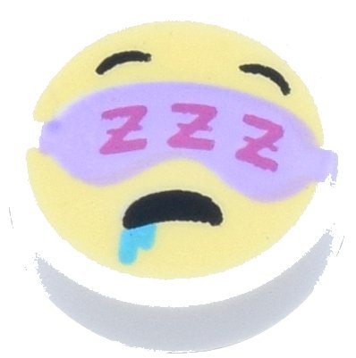 LEGO part Tile, Round 1 x 1 with Emoji, Bright Light Yellow Face, Lavender Eye Mask, Dark Pink 'ZZZ', Medium Azure Drool, and Black Open Mouth and Eyebrows Pattern (98138pb268)