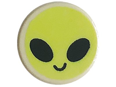 LEGO part Tile, Round 1 x 1 with Emoji, Yellowish Green Alien Face, and Black Oval Eyes and Smile Pattern (98138pb270)