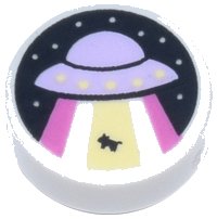 LEGO part Tile, Round 1 x 1 with Lavender UFO / Flying Saucer, Dark Pink and Bright Light Yellow Beams, and Black Cow and Night Sky Pattern 98138pb271