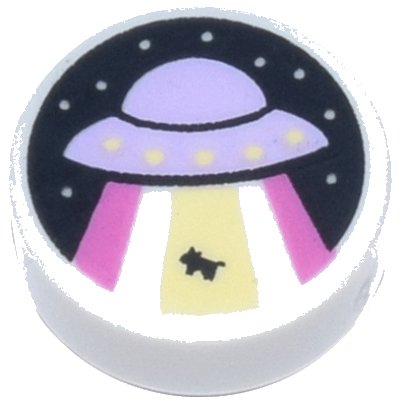 LEGO part Tile, Round 1 x 1 with Lavender UFO / Flying Saucer, Dark Pink and Bright Light Yellow Beams, and Black Cow and Night Sky Pattern (98138pb271)