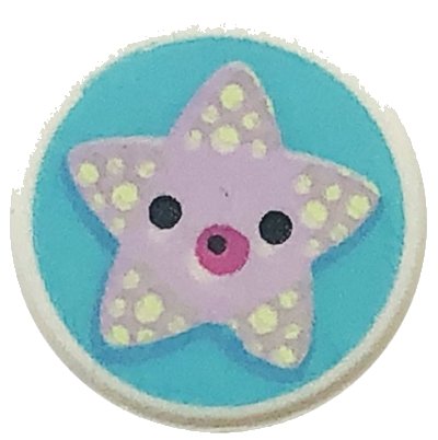 LEGO part Tile, Round 1 x 1 with Lavender Starfish with Black Eyes and Dark Pink Mouth on Medium Azure Background Pattern (98138pb273)